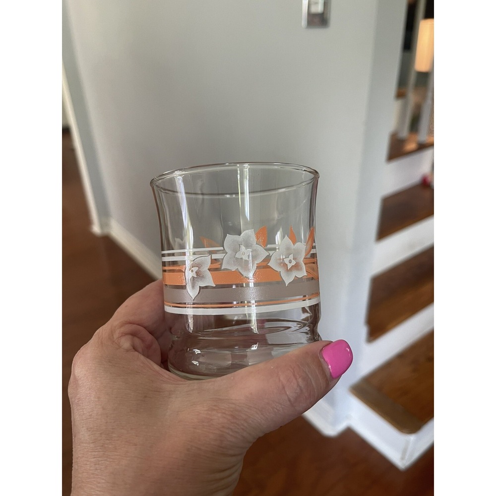 4 Vintage LIBBEY‎ Glasses Capri MCM White Peach Gray Floral Set